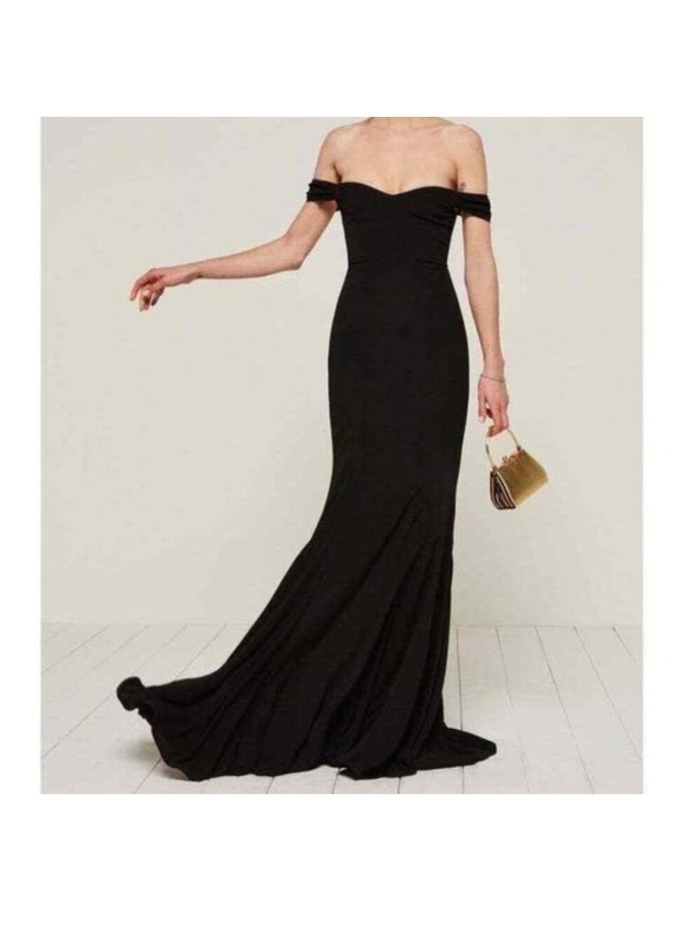 Reformation Gardner Dress Black Off On Shoulder Mermaid Formal Maxi Size 0 NWT